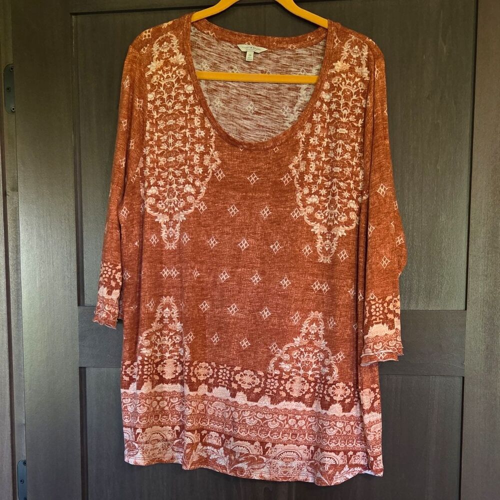 LUCKY BRAND WOMENS 2X RUST CREAM PAISLEY KNIT SCOOP NECK 3/4 SLEEVE TOP TUNIC